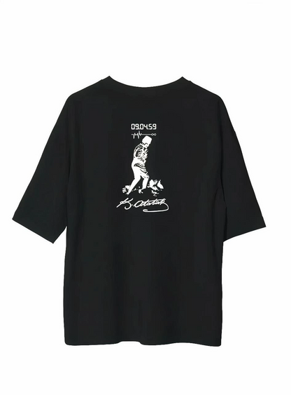Bisiklet Yaka Baskılı Oversize T-Shirt - Siyah