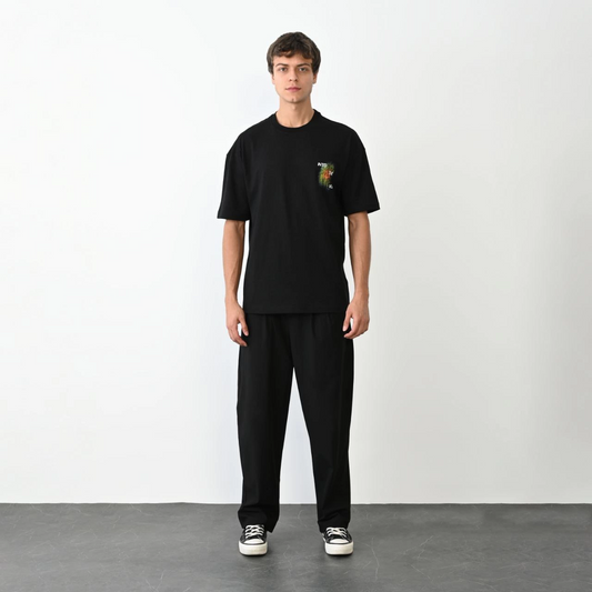 Bisiklet Yaka Baskılı Oversize T-Shirt - Siyah -