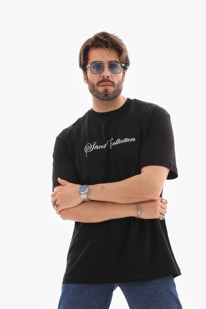 Bisiklet Yaka Baskılı Oversize T-Shirt - Siyah