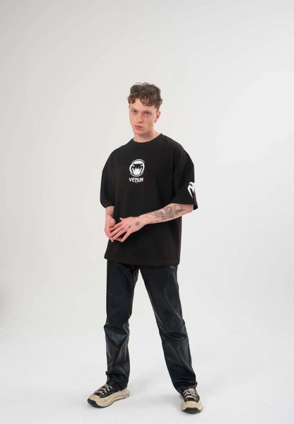 Bisiklet Yaka Baskılı Oversize T-Shirt - Siyah -