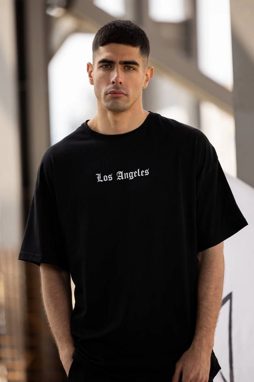 Bisiklet Yaka Baskılı Oversize T-Shirt - Siyah -