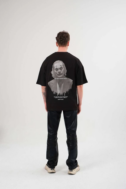 Bisiklet Yaka Baskılı Oversize T-Shirt - Siyah -