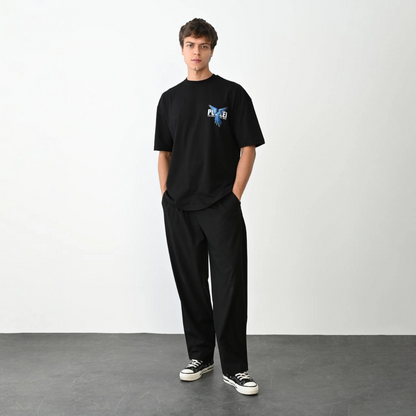 Bisiklet Yaka Baskılı Oversize T-Shirt - Siyah -
