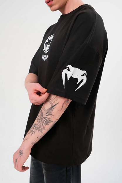 Bisiklet Yaka Baskılı Oversize T-Shirt - Siyah -