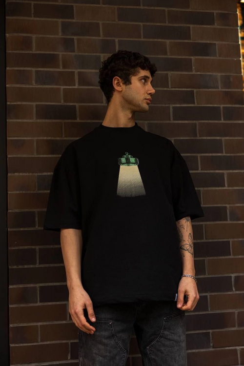 Bisiklet Yaka Baskılı Oversize T-Shirt - Siyah -