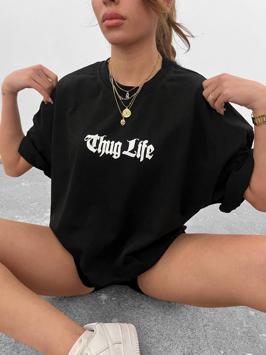 Bisiklet Yaka Baskılı Oversize T-Shirt - Siyah -