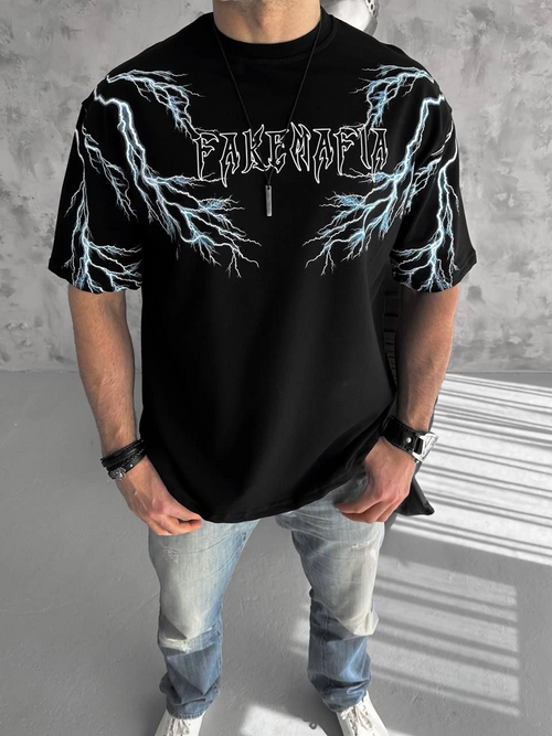 Bisiklet Yaka Baskılı Oversize T-Shirt-Siyah