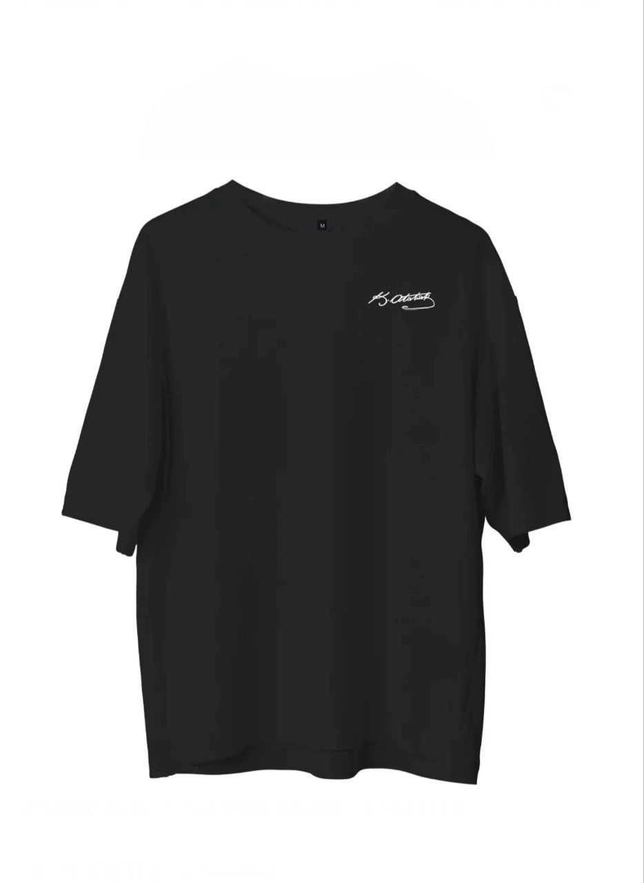 Bisiklet Yaka Baskılı Oversize T-Shirt - Siyah