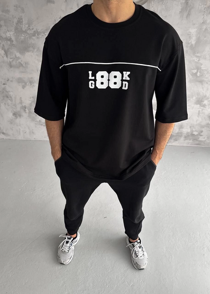 Bisiklet Yaka Baskılı Oversize T-Shirt - Siyah -