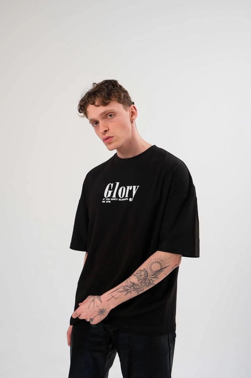 Bisiklet Yaka Baskılı Oversize T-Shirt - Siyah -