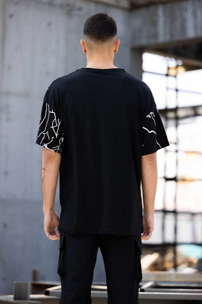 Bisiklet Yaka Baskılı Oversize T-Shirt - Siyah