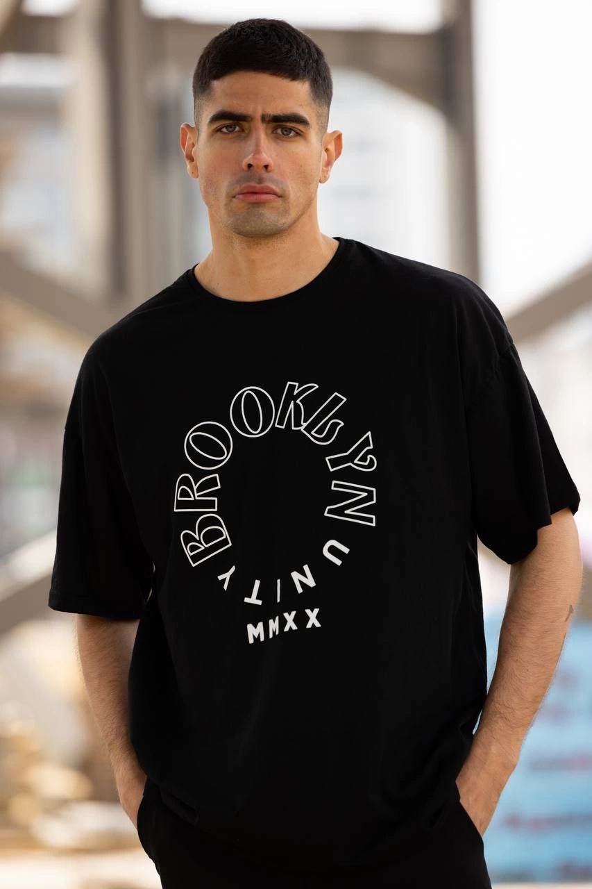 Bisiklet Yaka Baskılı Oversize T-Shirt - Siyah -