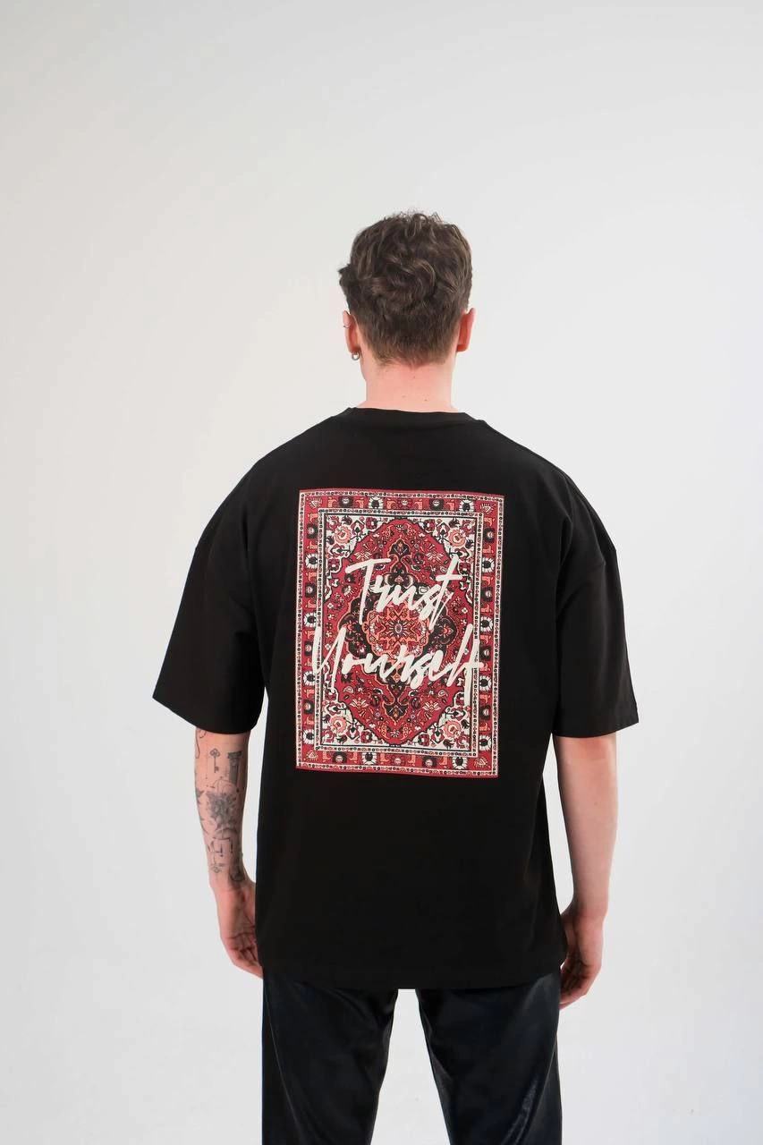 Bisiklet Yaka Baskılı Oversize T-Shirt - Siyah -