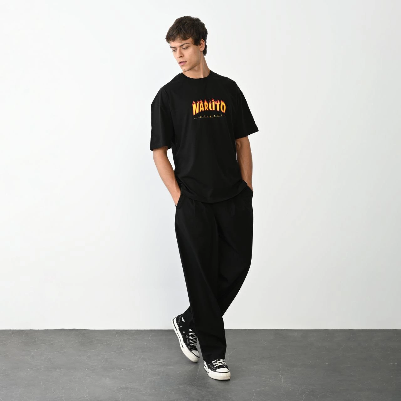Bisiklet Yaka Baskılı Oversize T-Shirt - Siyah -