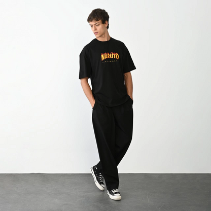 Bisiklet Yaka Baskılı Oversize T-Shirt - Siyah -