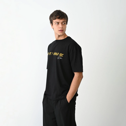 Bisiklet Yaka Baskılı Oversize T-Shirt - Siyah -