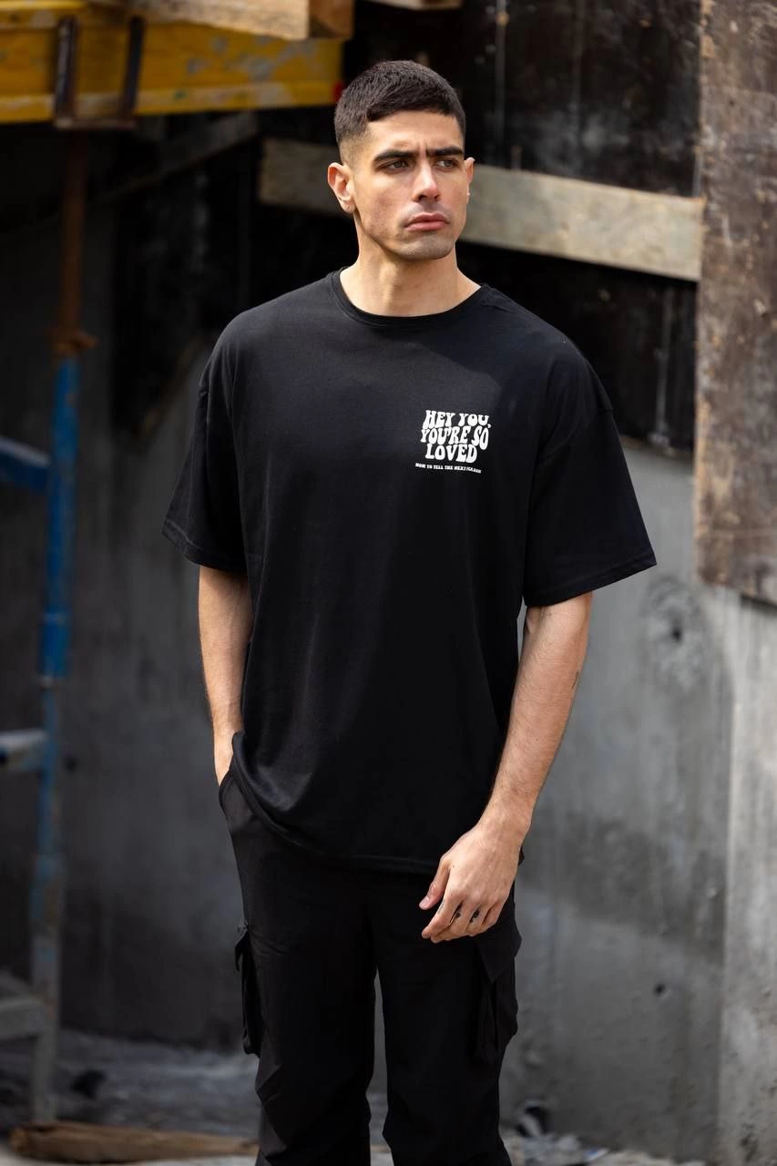 Bisiklet Yaka Baskılı Oversize T-Shirt - Siyah -