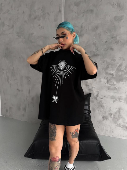 Bisiklet Yaka Baskılı Oversize T-Shirt - Siyah