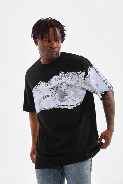 Bisiklet Yaka Baskılı Oversize T-Shirt - Siyah -