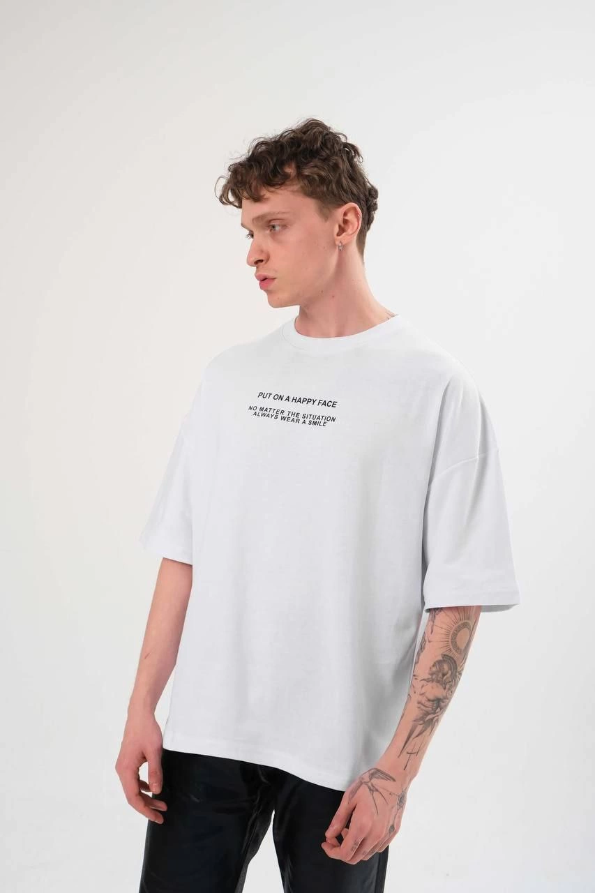 Bisiklet Yaka Baskılı Oversize T-Shirt - Beyaz