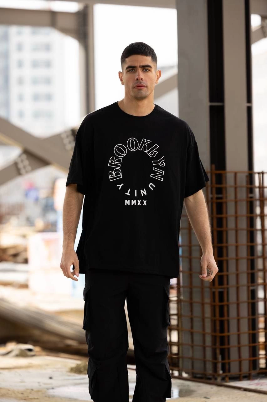 Bisiklet Yaka Baskılı Oversize T-Shirt - Siyah -