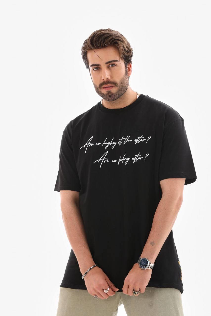 Bisiklet Yaka Baskılı Oversize T-Shirt - Siyah