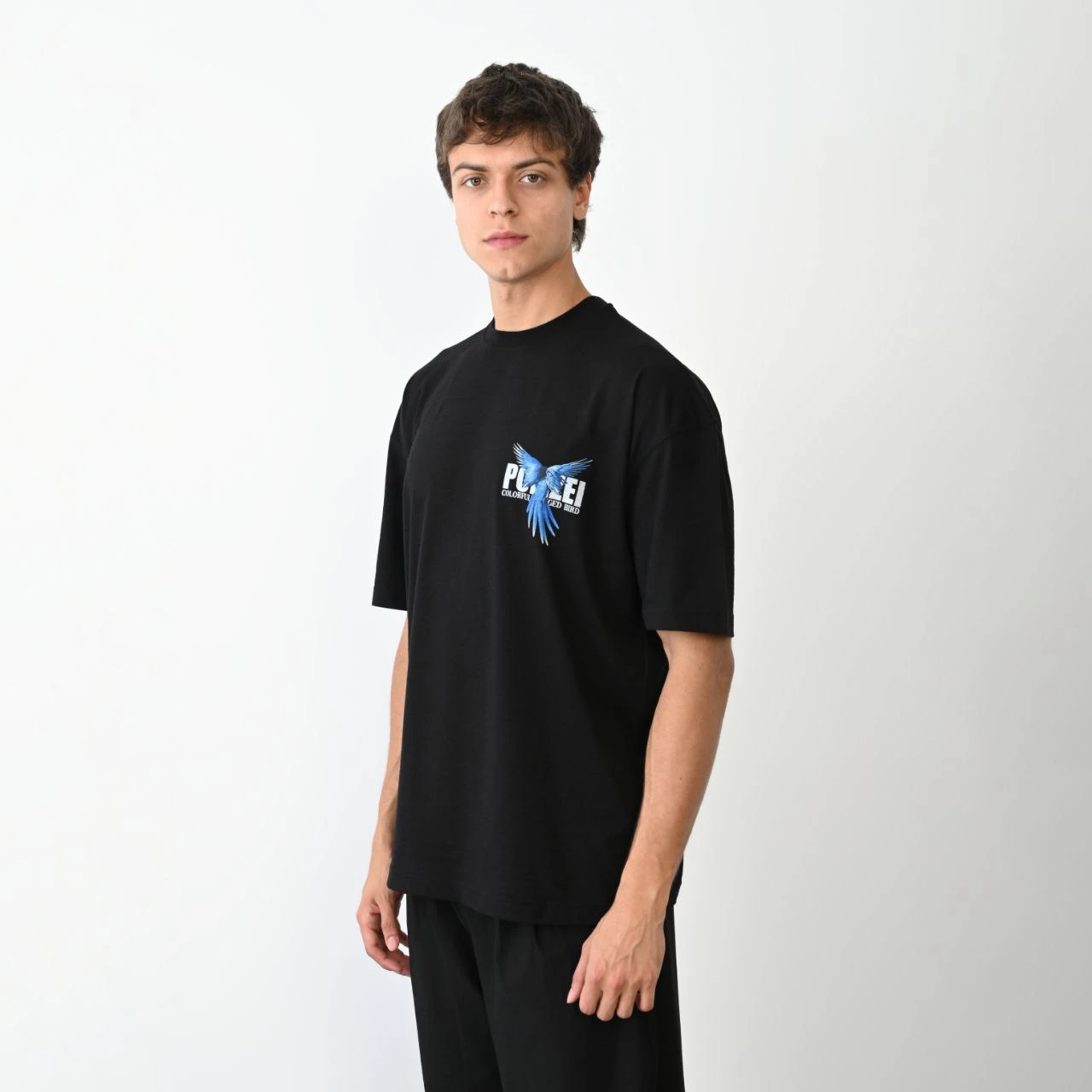 Bisiklet Yaka Baskılı Oversize T-Shirt - Siyah -