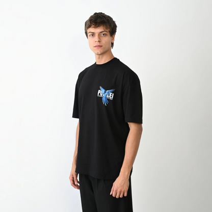 Bisiklet Yaka Baskılı Oversize T-Shirt - Siyah -