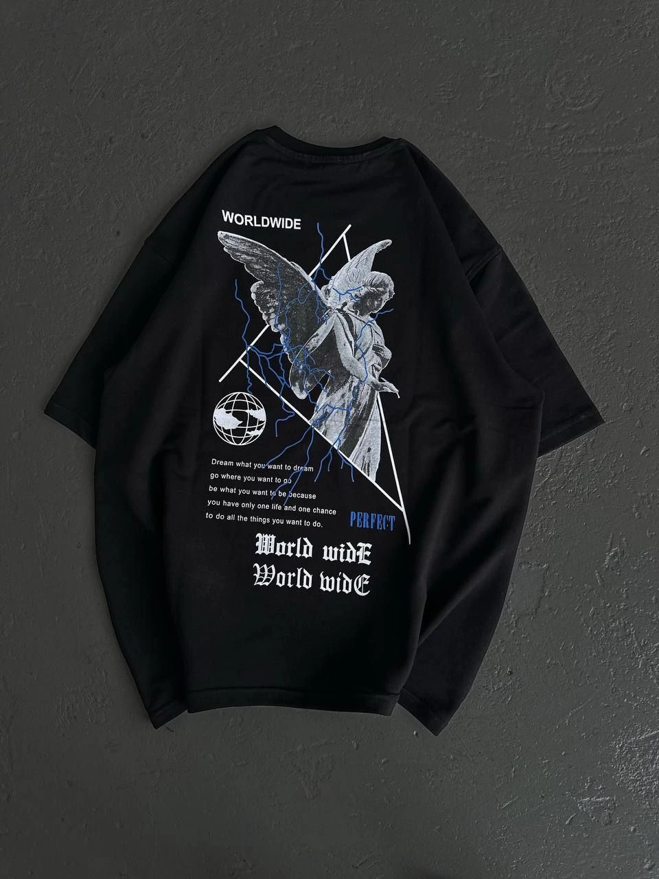 Bisiklet Yaka Baskılı Oversize T-Shirt - Siyah -