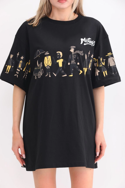 Bisiklet Yaka Baskılı Oversize T-Shirt - Siyah -