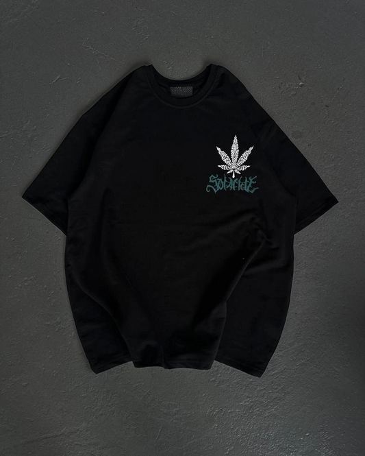 Bisiklet Yaka Baskılı Oversize T-Shirt - Siyah -
