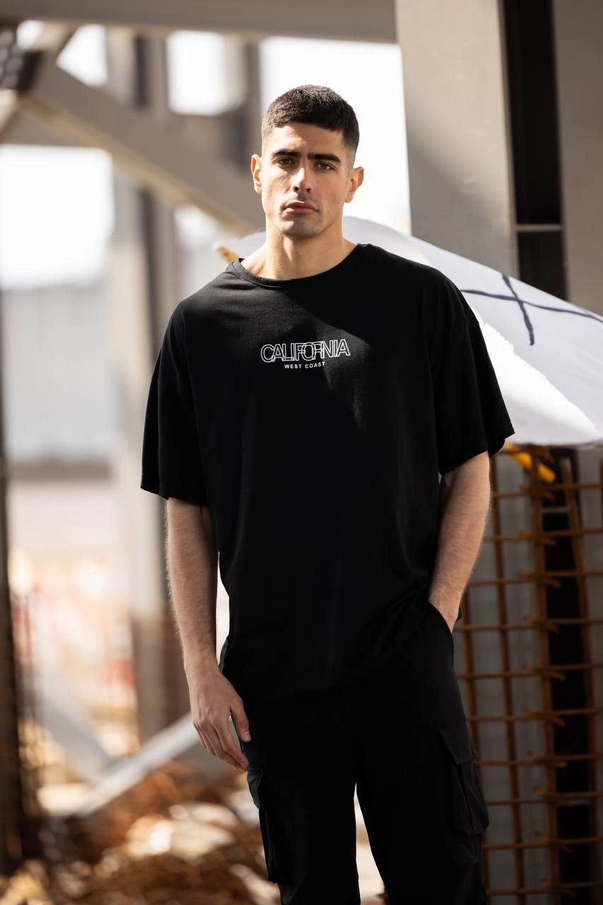 Bisiklet Yaka Baskılı Oversize T-Shirt - Siyah -