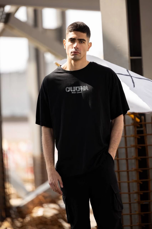 Bisiklet Yaka Baskılı Oversize T-Shirt - Siyah -