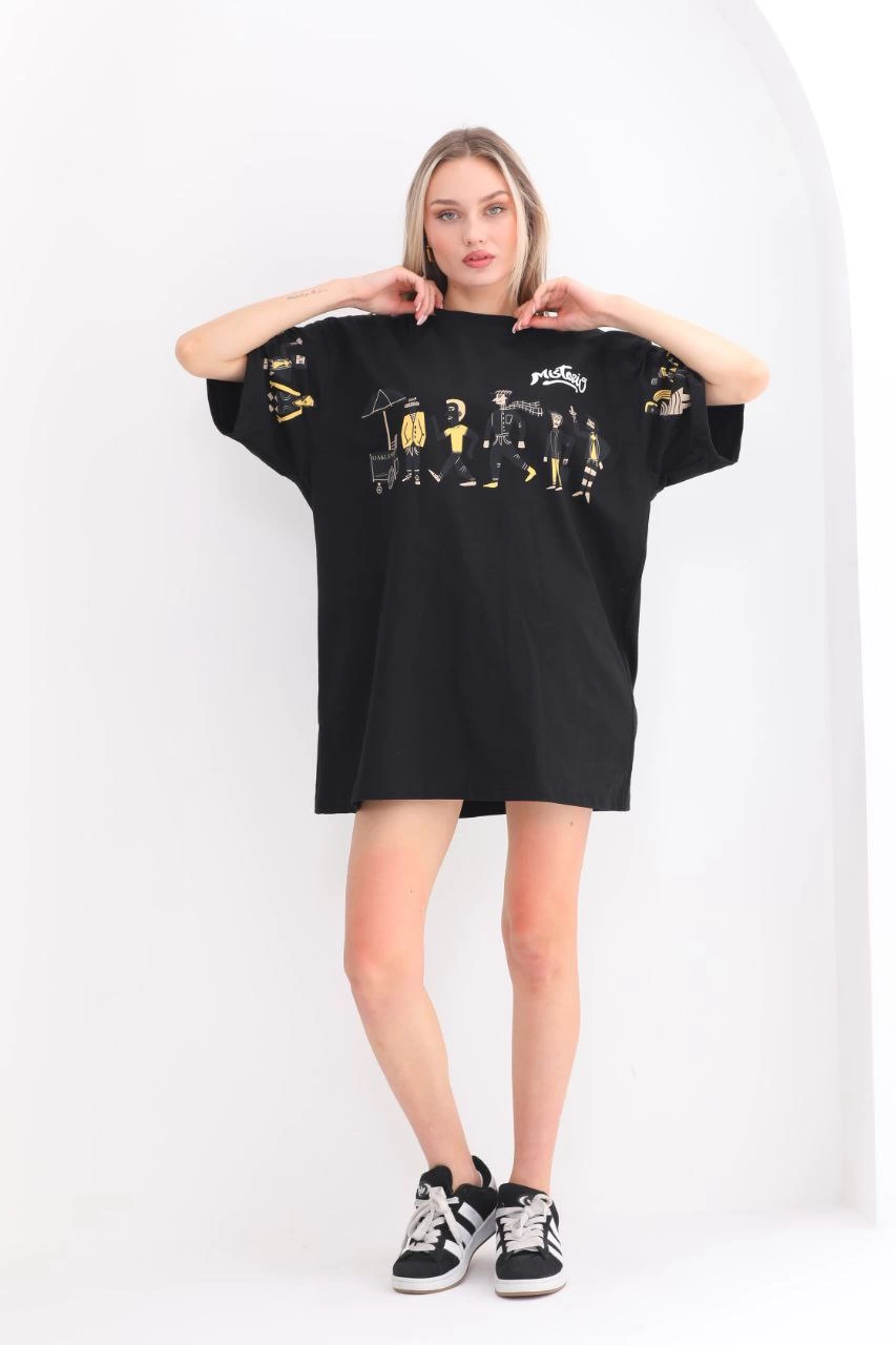 Bisiklet Yaka Baskılı Oversize T-Shirt - Siyah -