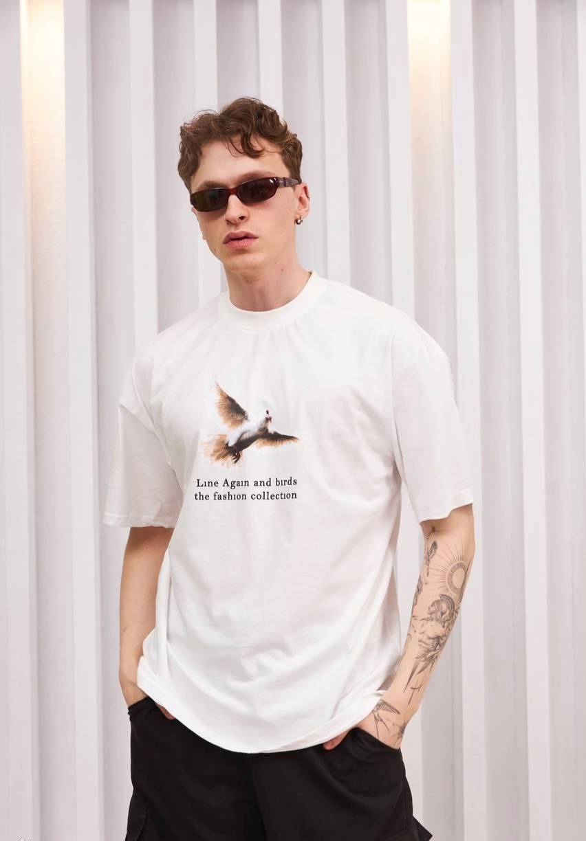 Bisiklet Yaka Baskılı Oversize T-Shirt - Siyah -