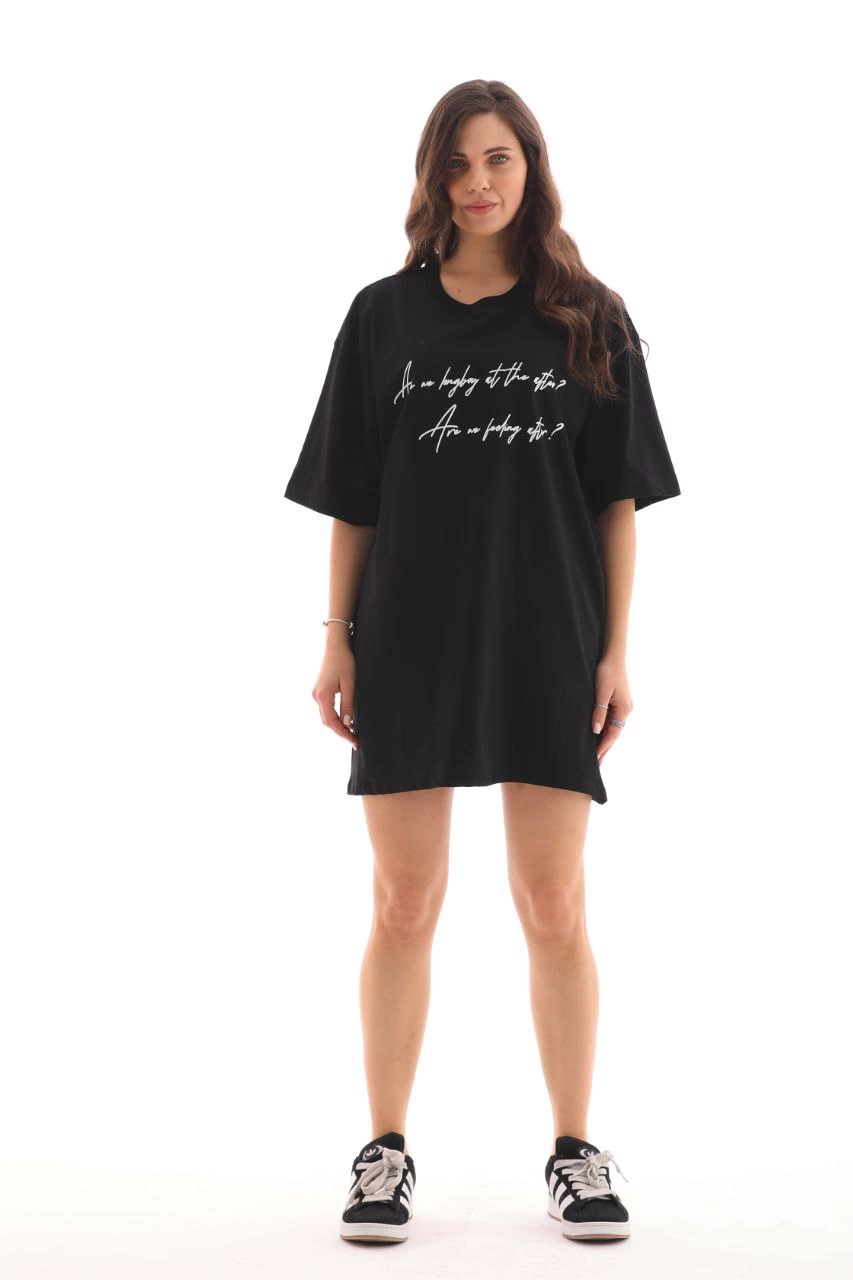 Bisiklet Yaka Baskılı Oversize T-Shirt - Siyah
