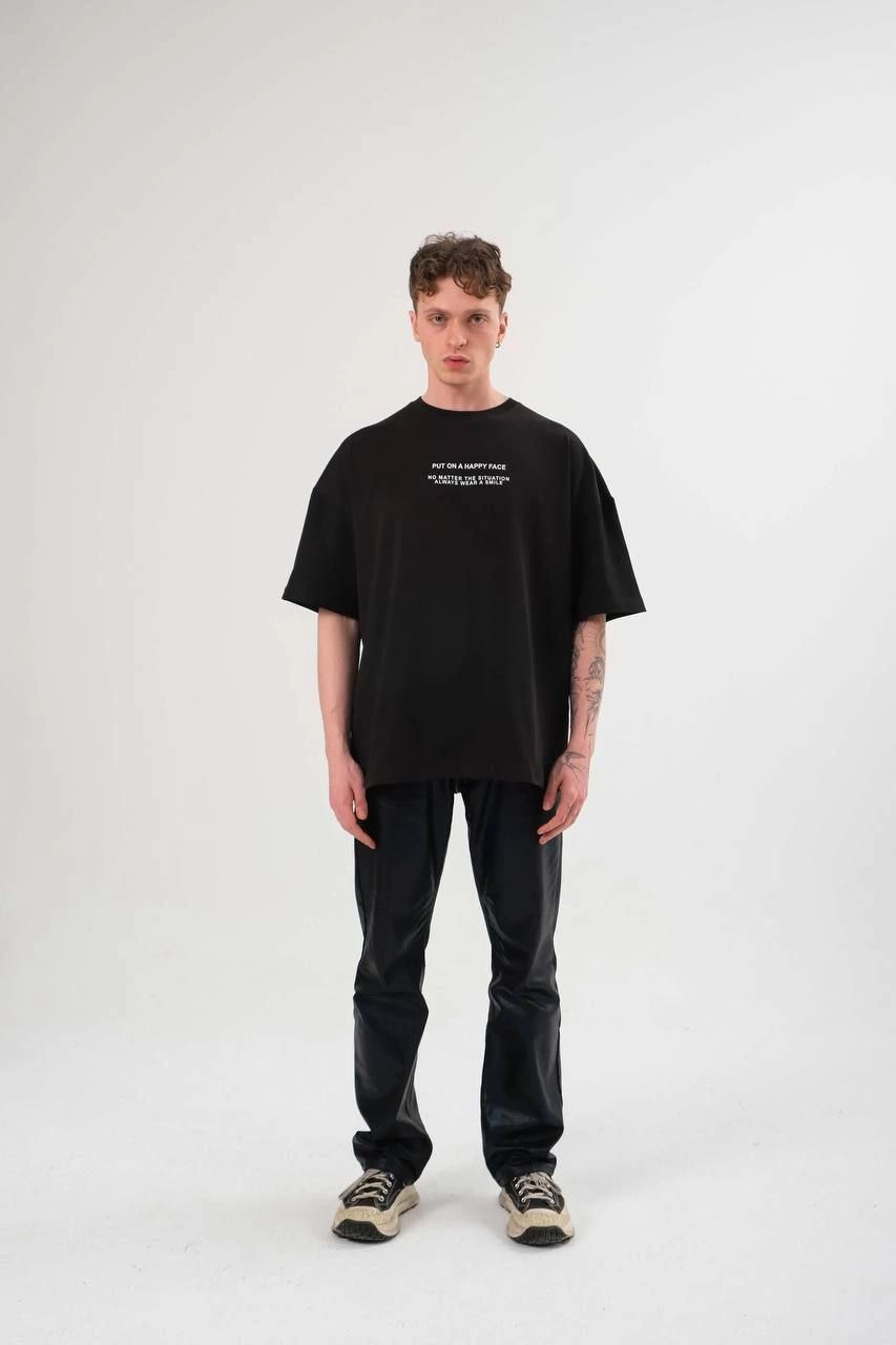 Bisiklet Yaka Baskılı Oversize T-Shirt - Siyah -