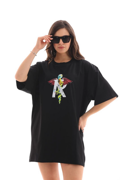 Bisiklet Yaka Baskılı Oversize T-Shirt - Siyah -