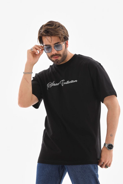 Bisiklet Yaka Baskılı Oversize T-Shirt - Siyah