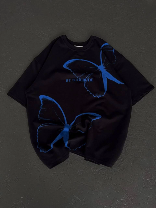 Bisiklet Yaka Baskılı Oversize T-Shirt - Siyah