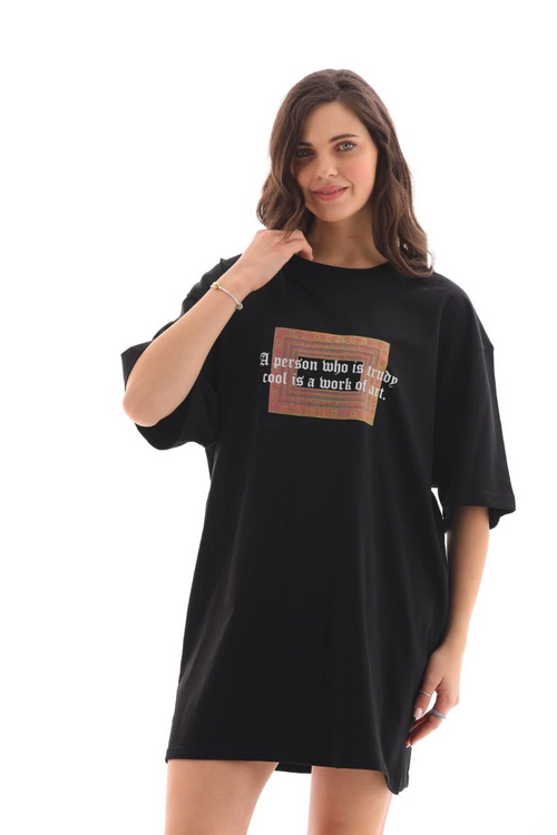 Bisiklet Yaka Baskılı Oversize T-Shirt - Siyah -