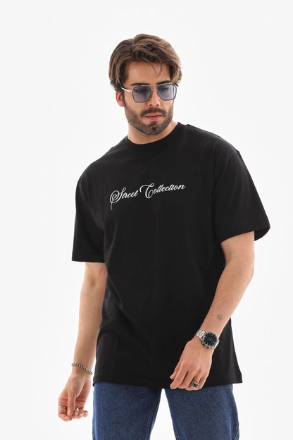 Bisiklet Yaka Baskılı Oversize T-Shirt - Siyah