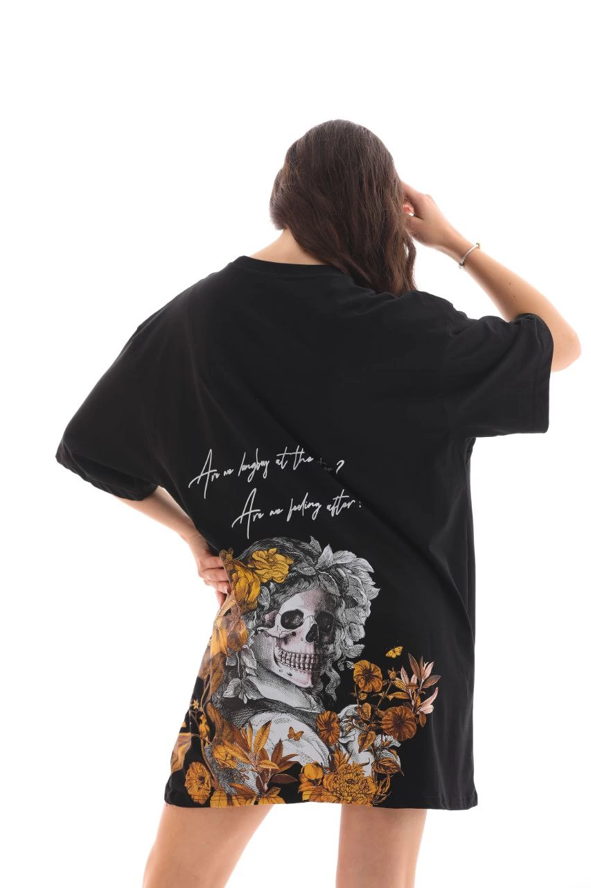 Bisiklet Yaka Baskılı Oversize T-Shirt - Siyah