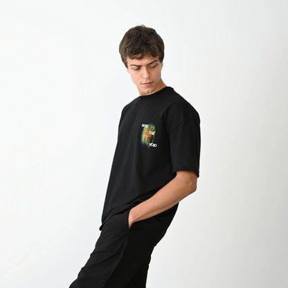 Bisiklet Yaka Baskılı Oversize T-Shirt - Siyah -