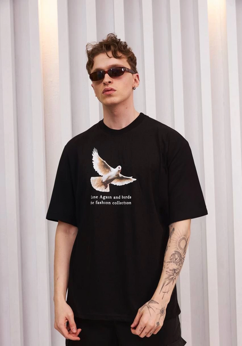 Bisiklet Yaka Baskılı Oversize T-Shirt - Siyah -