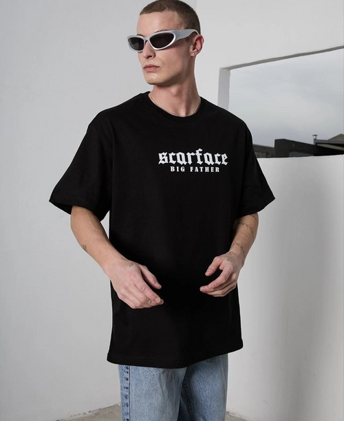 Bisiklet Yaka Baskılı Oversize T-Shirt - Siyah