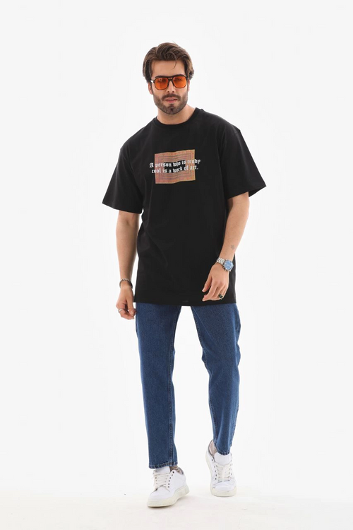 Bisiklet Yaka Baskılı Oversize T-Shirt - Siyah -