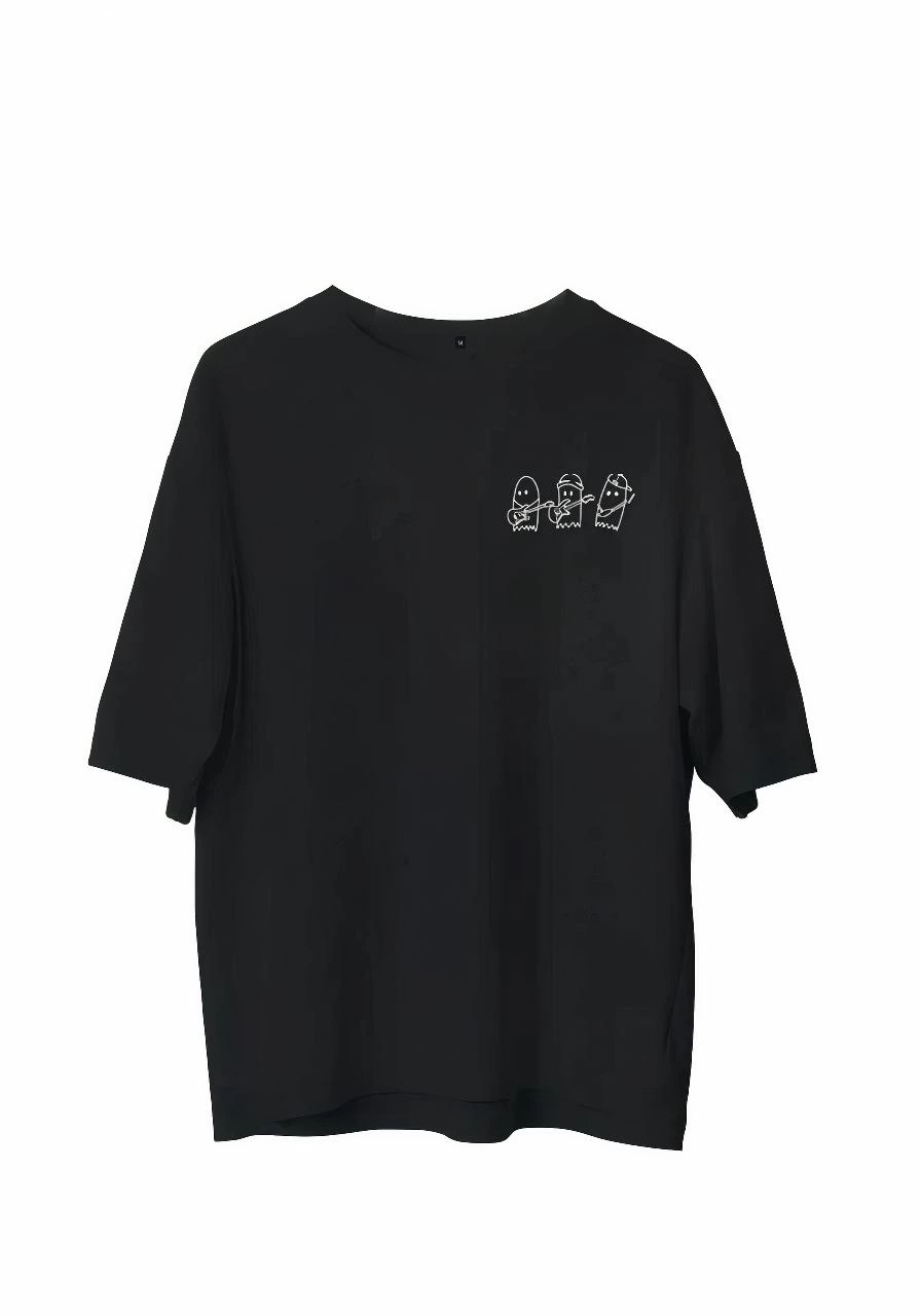 Bisiklet Yaka Baskılı Oversize T-Shirt - Siyah -