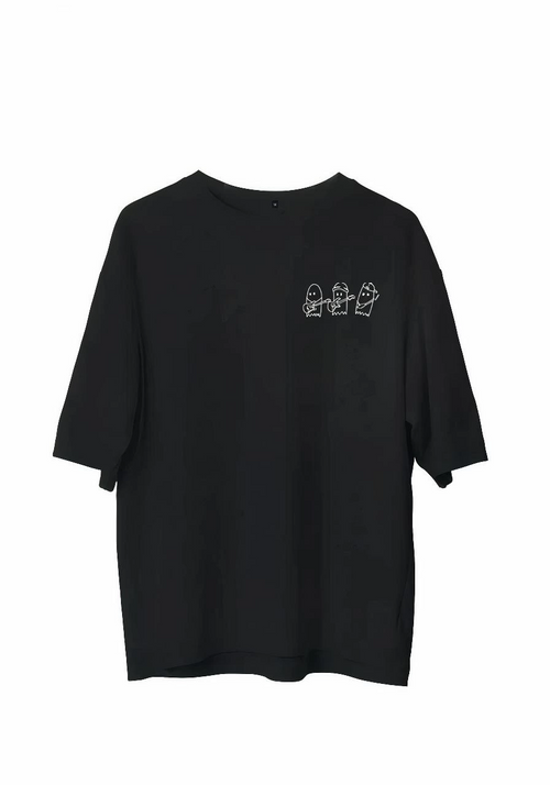 Bisiklet Yaka Baskılı Oversize T-Shirt - Siyah -
