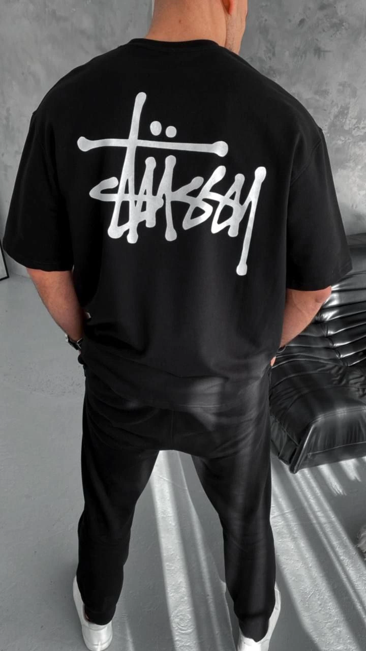 Bisiklet Yaka Baskılı Oversize T-Shirt - Siyah -